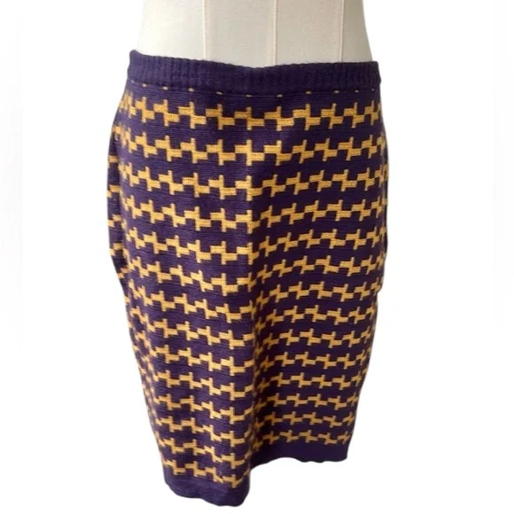 Vintage abstract knit purple and mustard yellow midi pencil skirt 44 - Picture 6 of 13
